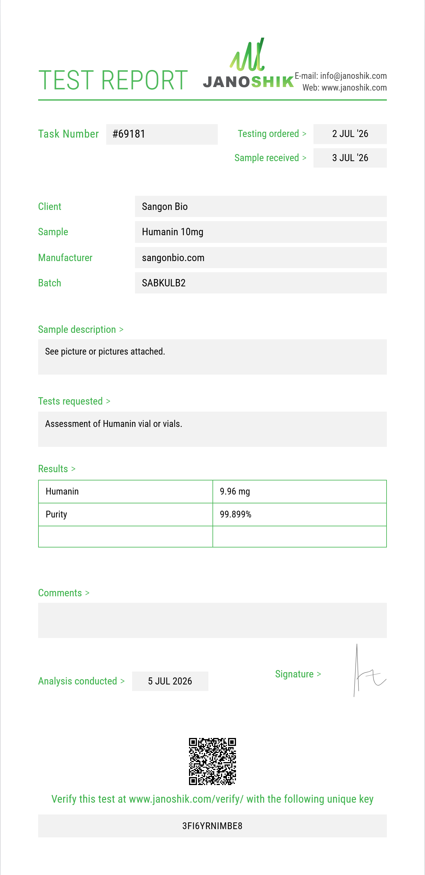 Humanin Purity (HPLC) report by Janoshik Analytical