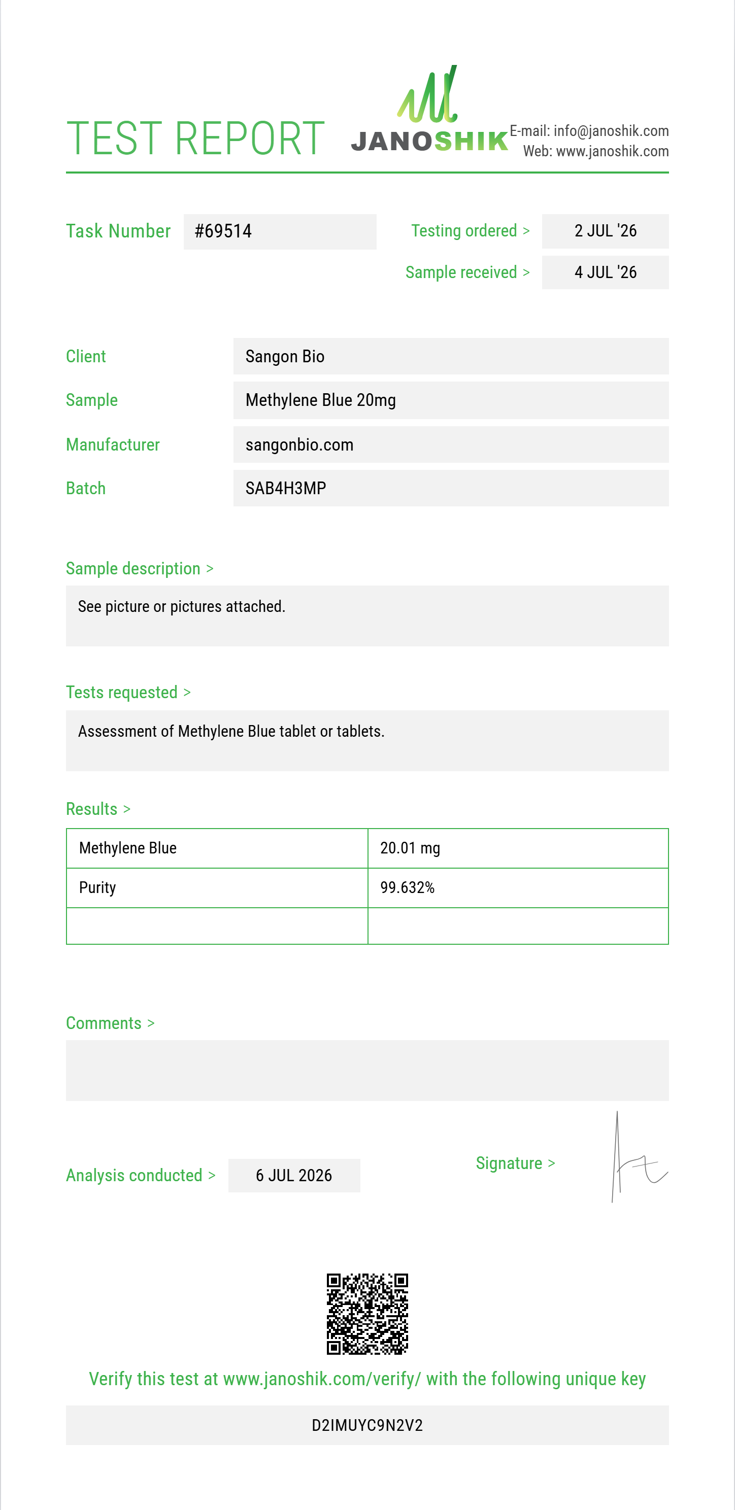 Methylene Blue Purity (HPLC) report by Janoshik Analytical