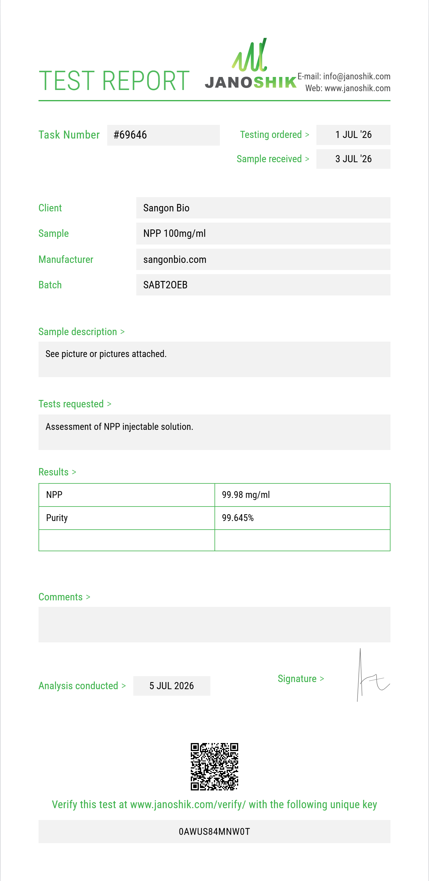 NPP Purity (HPLC) report by Janoshik Analytical