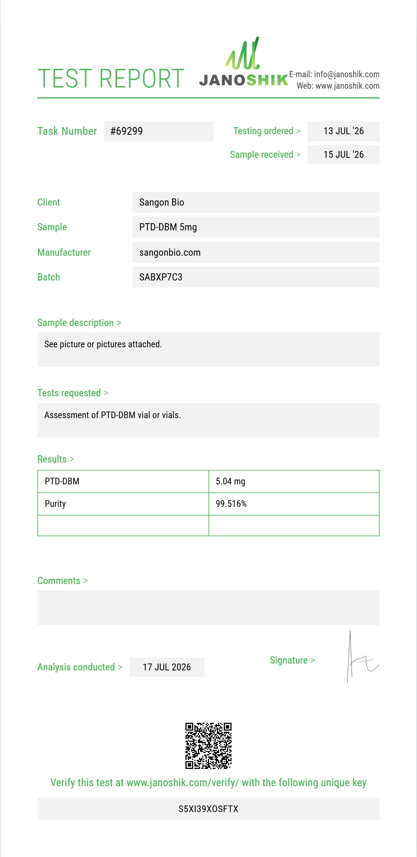 PTD-DBM Purity (HPLC) report by Janoshik Analytical