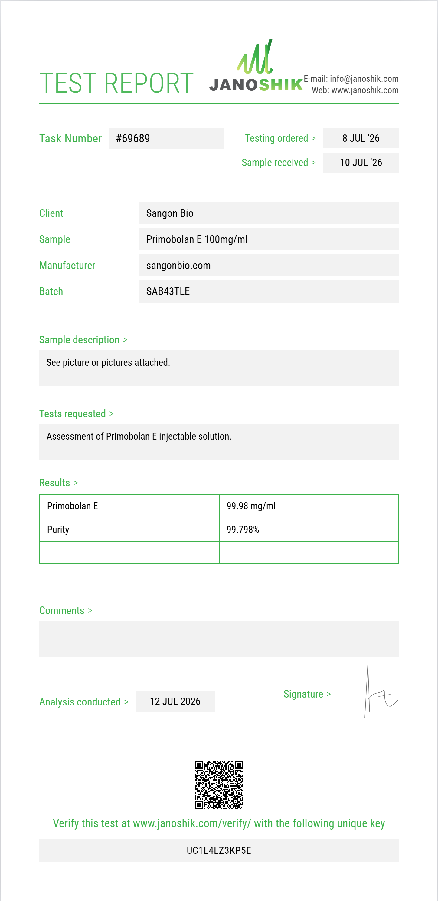 Primobolan E Purity (HPLC) report by Janoshik Analytical